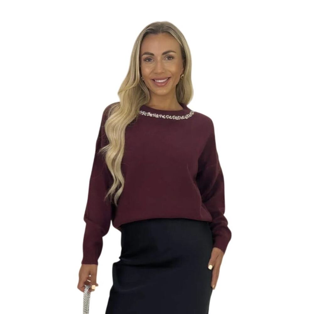 Adrianna Papell burgundy plum shade puff shoulders bejeweled collar sweater